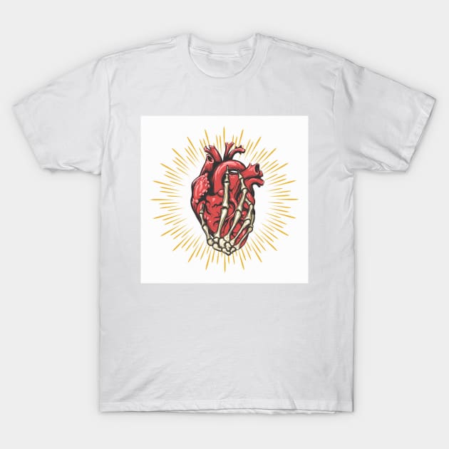 Skeleton Hand Holds Heart Tattoo on white Background T-Shirt by devaleta